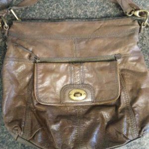 Fossil-Large Brown Leather Double Handle Crossbody Shoulder Bag Purse-14x12x3